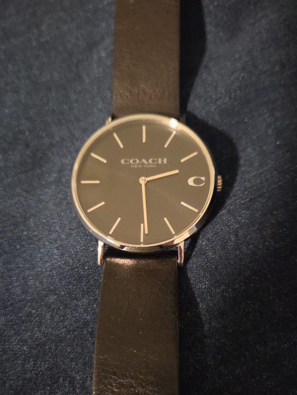 Coach Black Dial Silver-Tone Case Leather Strap Watch